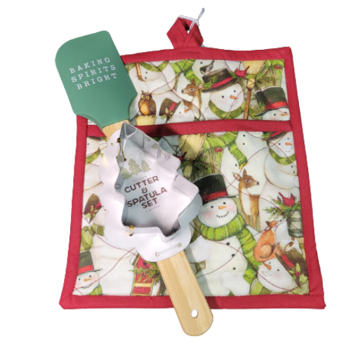 Snowmen Christmas Pot Holder with Pocket includes a cookie cutter and spatula