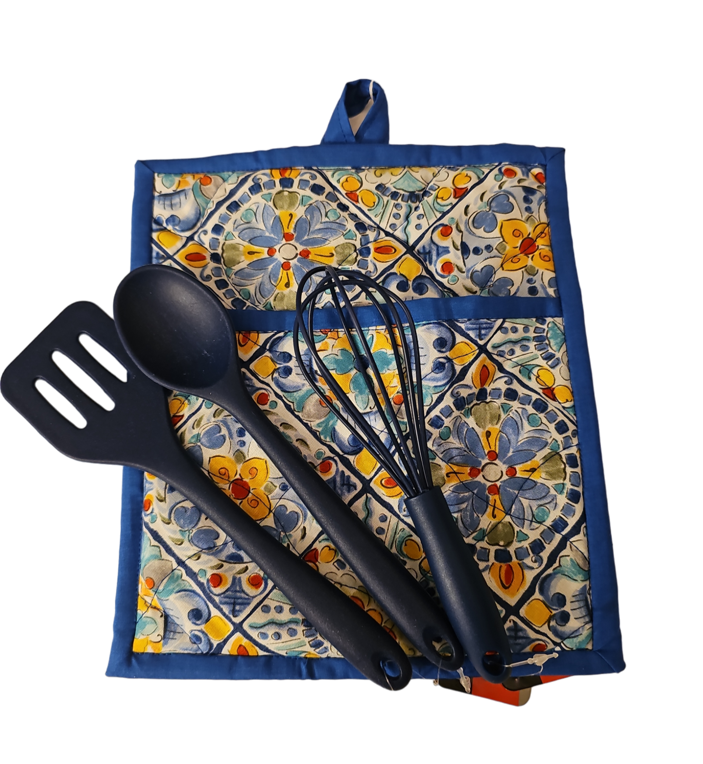 Pot Holder with Pocket and Silicone Cooking Utensils - Mediterranean